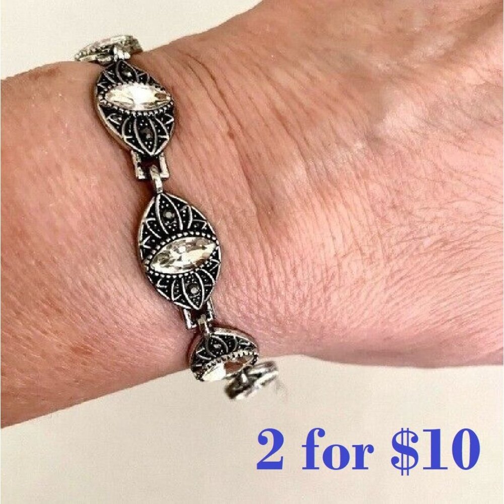 Crown Privilege Silver Womans Bracelet with Marquise and Hematite Rhinestones